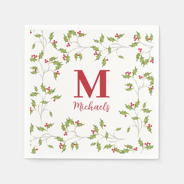 Serviette En Papier Noël Botanique Holiday Holly Berries Monogramme (Devant)