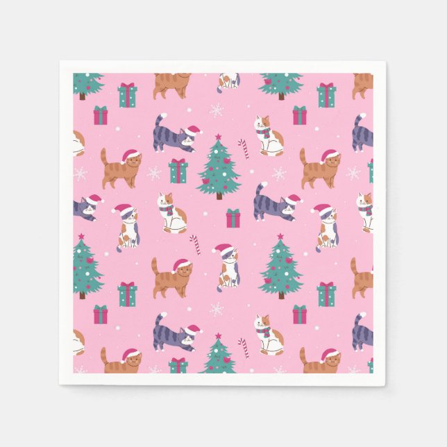 Serviette En Papier Noël Chats et arbres Motif de vacances (Devant)