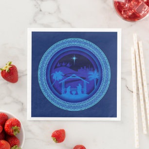 Serviette En Papier Noël de la Nativité bleue