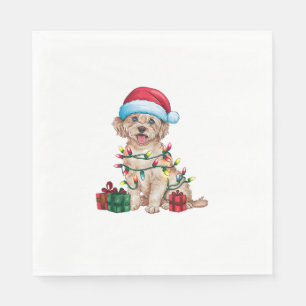 Serviette En Papier Noël Éclairage Santa Chapeau Maltais Chien Noël