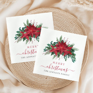 Serviette En Papier Noël élégant à poinsettia rouge floral script