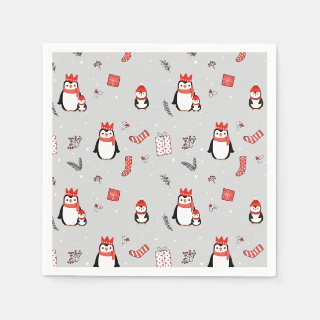 Serviette En Papier Noël Festif d'hiver Famille Pingouin fête (Devant)