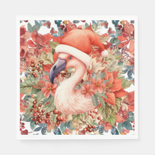 Serviette En Papier Noël Flamant rose avec Santa Hat et Poinsettia