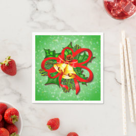 Serviette En Papier Noël Gold Bells Green Holly Red Ribbon