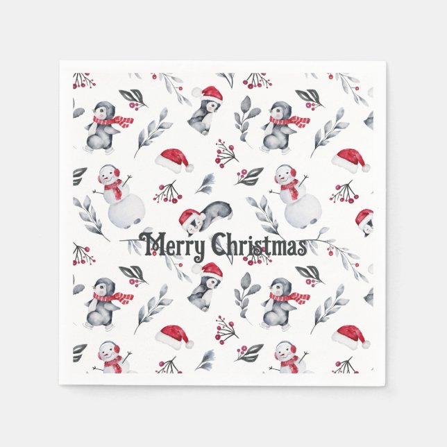 Serviette En Papier Noël mignonne Penguin Festive Snowman Vacances (Devant)