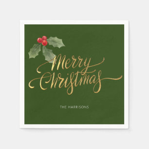 Serviette En Papier Noel minimal Rouge et Vert Holly Branche Or