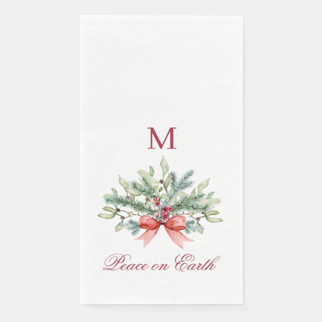 Serviette En Papier Noël Paix sur Terre Rouge Monogramme Vert (Devant)