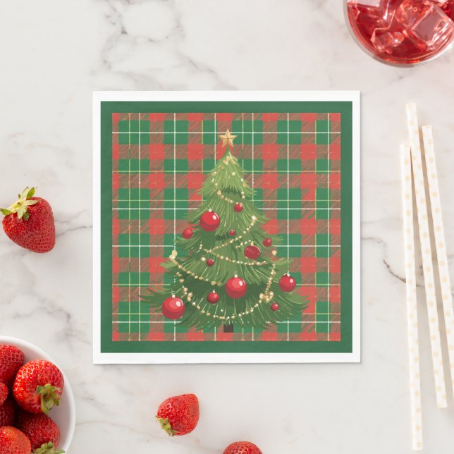 Serviette En Papier Noël Plaid Vert, Rouge, Or, Blanc (En situation)