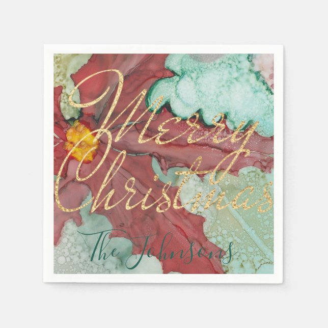 Serviette En Papier Noël Rouge Vert or Pointsettia (Devant)