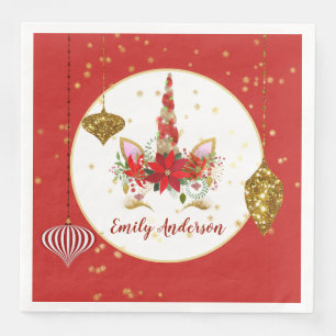 Serviette En Papier Noël Unicorn Fête Visage Filles Rouge Or