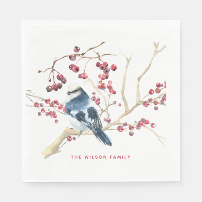 Serviette En Papier Noël Verdure w Oiseau - Vacances personnalisées (Devant)