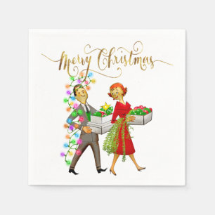 Serviette En Papier Noël vintage 1950's Couple Joyeux Noël