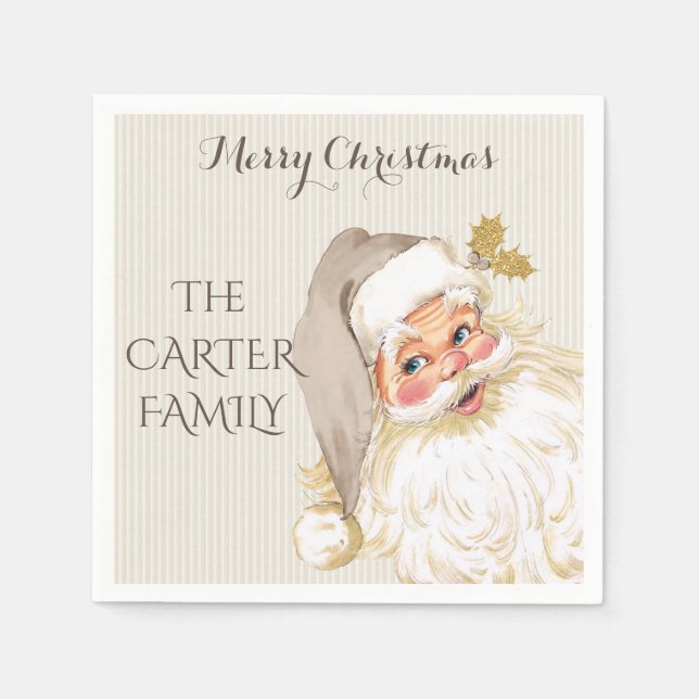 Serviette En Papier Noël vintage du Père Noël Taupe & Or (Devant)