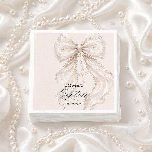 Serviette En Papier Nœud de baptême Coquette avec Perle (Créateur téléchargé)
