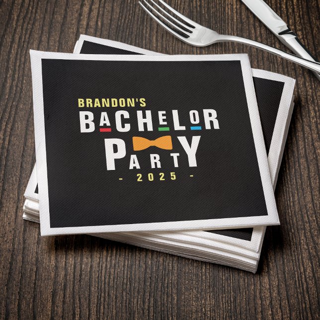 Serviette En Papier Nœud papillon coloré rétro 90s Enterrement de vie  (Retro 90s Colorful Bowtie Bachelor Party Black Napkins
)
