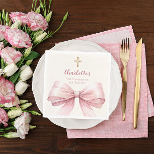 Serviette En Papier Nœud rose de première communion croix crème déjeun