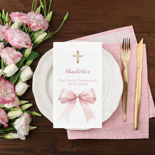 Serviette En Papier Nœud rose pâle de première communion croix