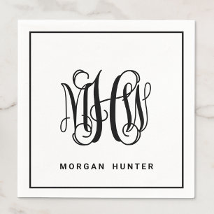 Serviette En Papier Noir 3 Initial Monogramme de Vigne Script DIY BG