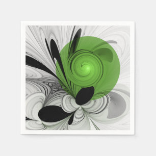 Serviette En Papier Noir Abstrait et blanc avec art fractal vert