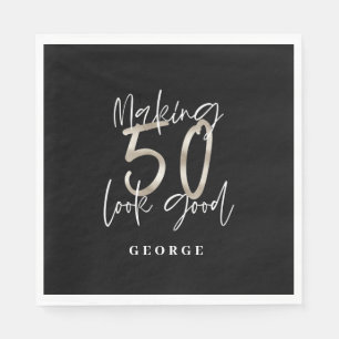 Serviette En Papier Noir argent 50e anniversaire moderne élégant