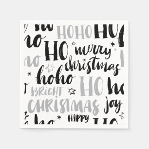 Serviette En Papier Noir & Argent Mot de Noël Texte Art mignon Aesthe