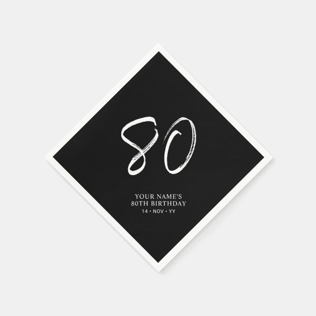 Serviette En Papier Noir & Blanc | Brosse Script 80e fête d'anniversai (Coin)