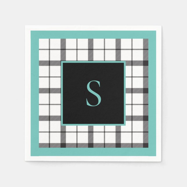 Serviette En Papier Noir, Blanc, Carreaux, Vert Élégant, Chic, Moderne (Devant)