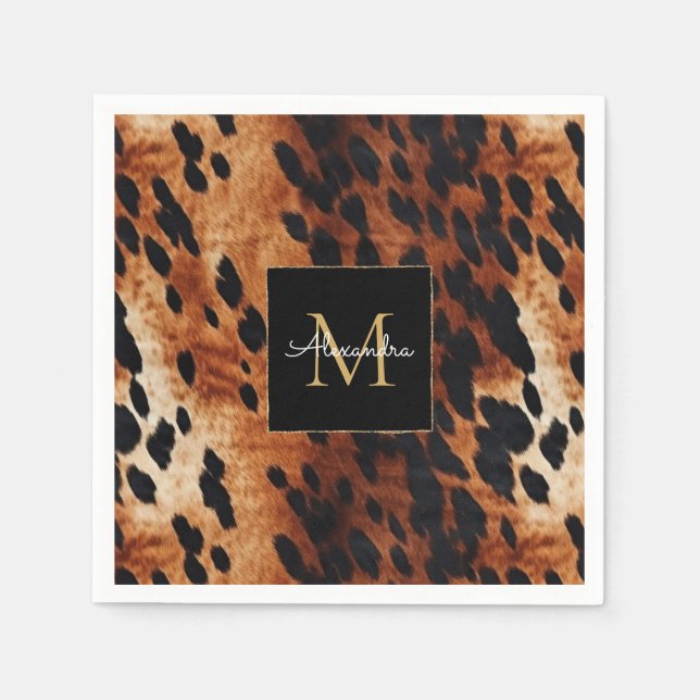 Serviette En Papier Noir Crème Brown Vachet Monogramme Or (Devant)
