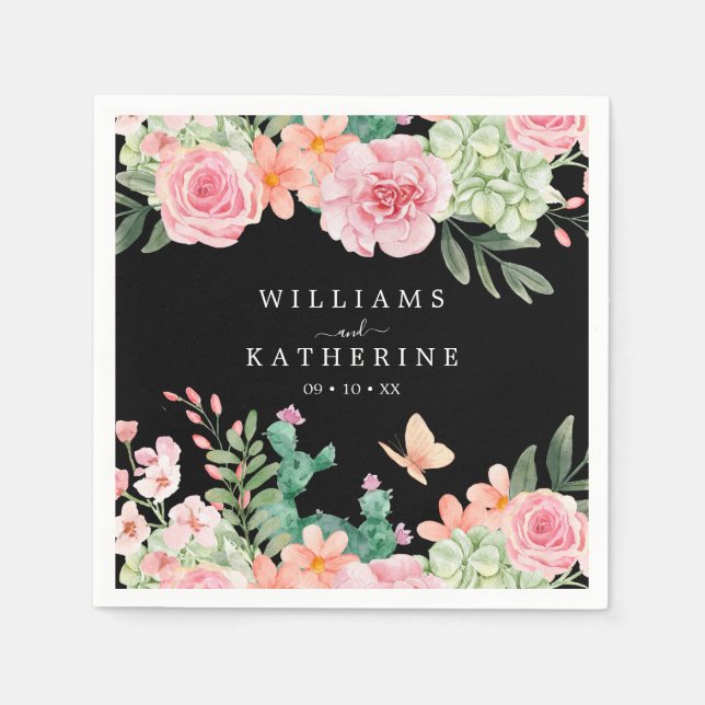 Serviette En Papier Noir Dusty Blush rose & Pêche Mariage Floral (Devant)