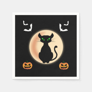 Serviette En Papier Noir Éffrayant chat yeux verts avec lune Halloween