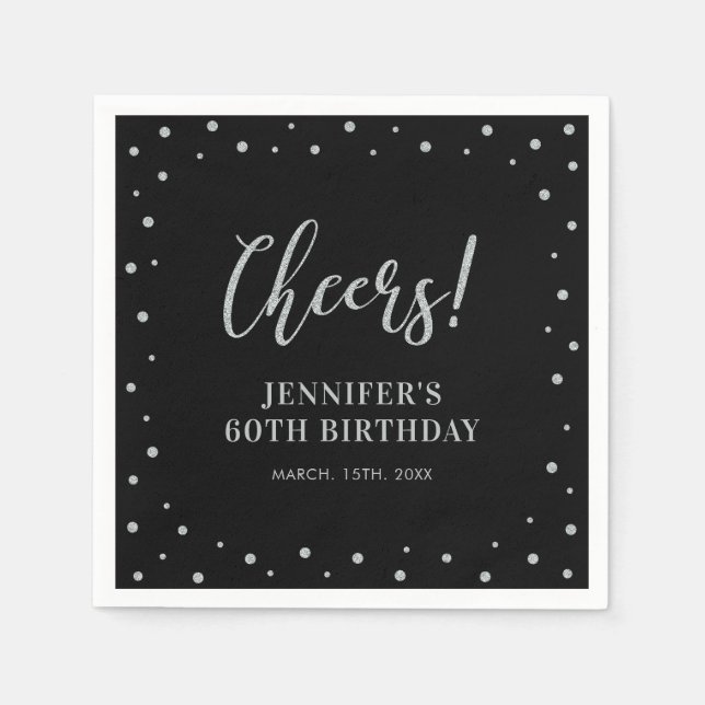 Serviette En Papier Noir et argent | Confetti fête d'anniversaire adul (Devant)