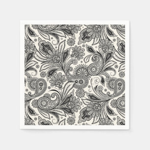Serviette En Papier Noir et blanc à motifs paisley 