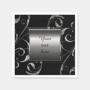 Serviette En Papier Noir et verre argenté faux tourbillon floral éléga