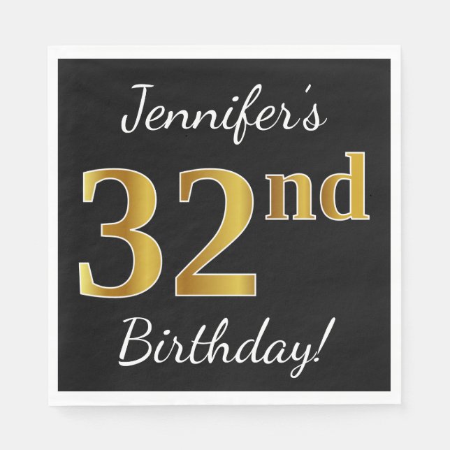 Serviette En Papier Noir, Faux Gold 32e anniversaire + Nom personnalis (Devant)