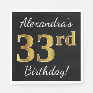 Serviette En Papier Noir, Faux Gold 33ème anniversaire + Nom personnal