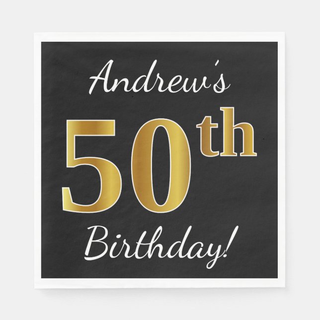 Serviette En Papier Noir, Faux Gold 50e anniversaire + Nom personnalis (Devant)