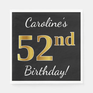 Serviette En Papier Noir, Faux Gold 52e anniversaire + Nom personnalis