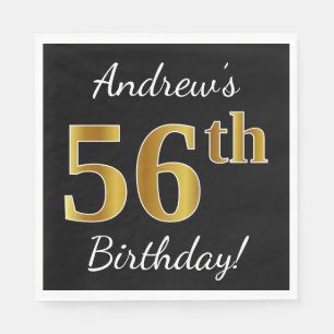 Serviette En Papier Noir, Faux Gold 56e anniversaire + Nom personnalis