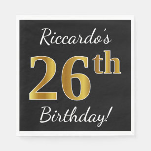 Serviette En Papier Noir, Faux Or 26e anniversaire + Nom personnalisé