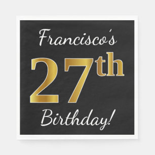 Serviette En Papier Noir, Faux Or 27e anniversaire + Nom personnalisé