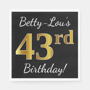 Serviette En Papier Noir, Faux Or 43ème anniversaire + Nom personnalis