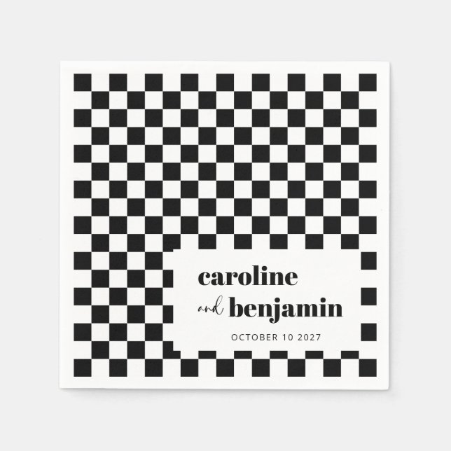 Serviette En Papier Noir Gras Blanc Checkerboard personnalisé mariage (Devant)