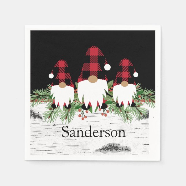 Serviette En Papier Noir Joyeux Noël Rouge Buffalo Plaid Gnome (Devant)