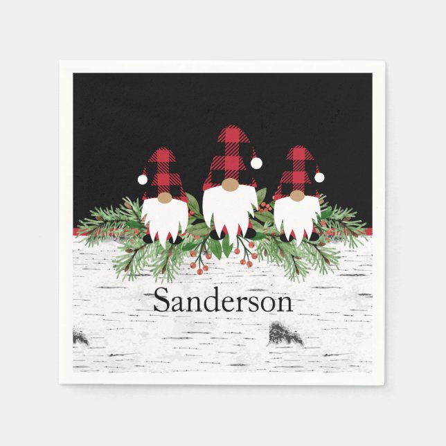 Serviette En Papier Noir Joyeux Noël Rouge Buffalo Plaid Gnome (Devant)