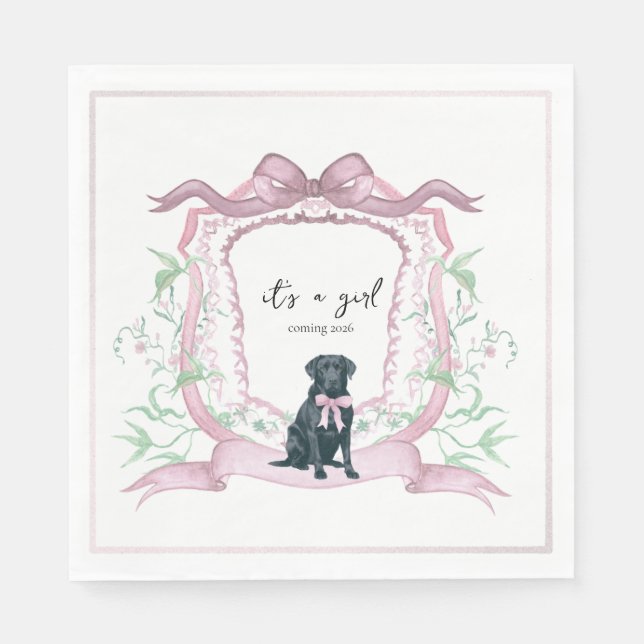Serviette En Papier Noir Labrador Coquette Rose Crest personnalisable (Devant)