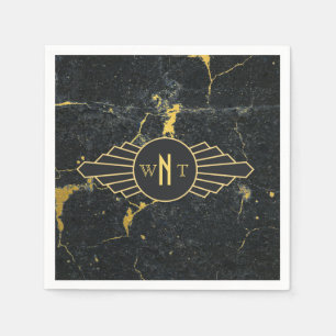 Serviette En Papier Noir Marbre trois lettres Monogramme Art Déco