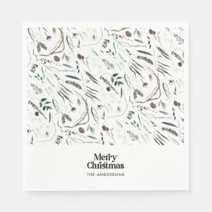 Serviette En Papier Noir moderne élégante aquarelle botanique rustique