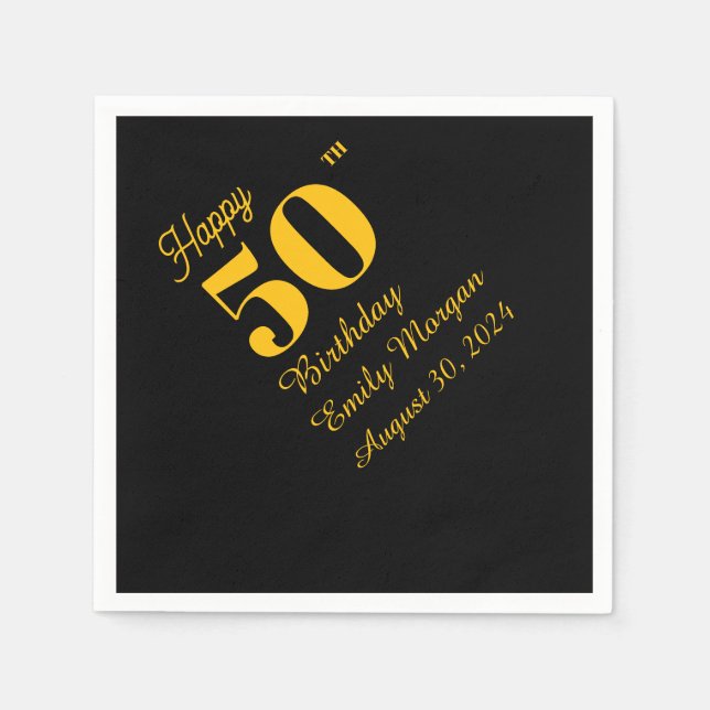 Serviette En Papier Noir & Or Elegant Classic Adulte Anniversaire (Devant)