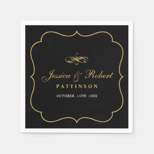 Serviette En Papier Noir & Or   Élégant Mariage classique Napkin