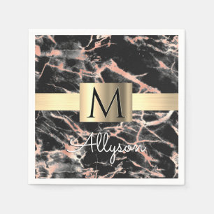 Serviette En Papier Noir & Rose Gold Marble Boîte, Nom & Monogramme